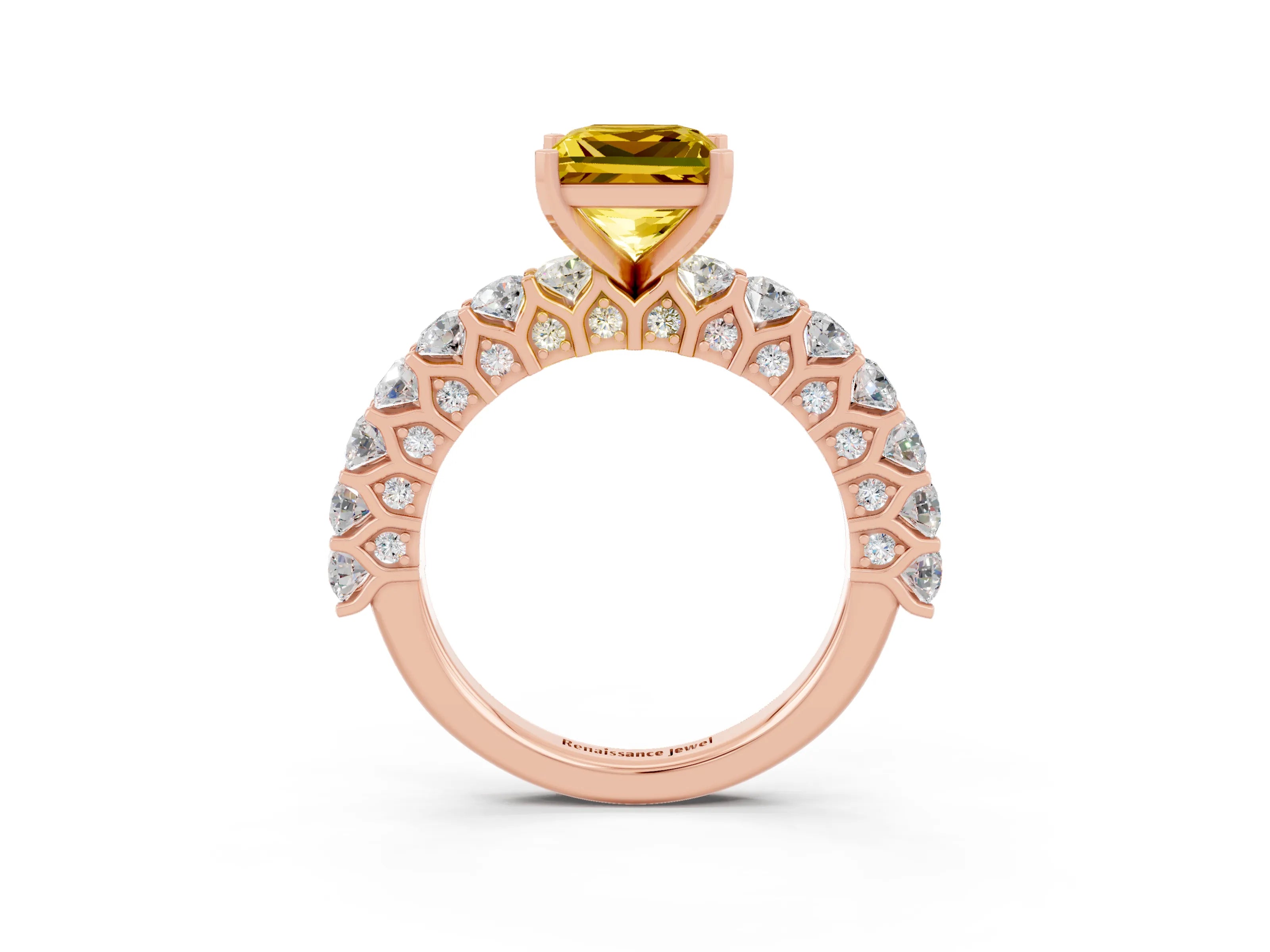 Rose gold Princess Cut Yellow Sapphire Solitaire Ring with Shared Prong Pavé Band and Four-Prong Setting_3