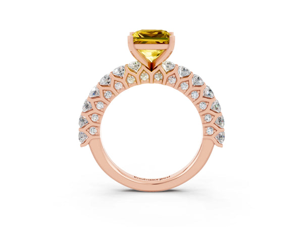 Rose gold Princess Cut Yellow Sapphire Solitaire Ring with Shared Prong Pavé Band and Four-Prong Setting