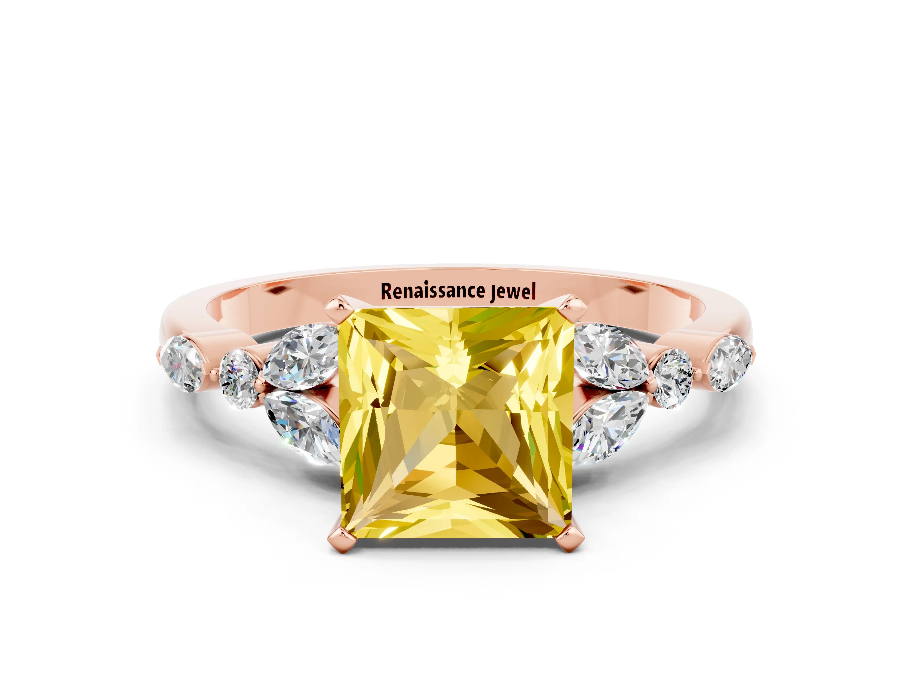 Rose gold Princess Cut Yellow Sapphire Solitaire Ring with Side Stones and Four-Prong Setting_12