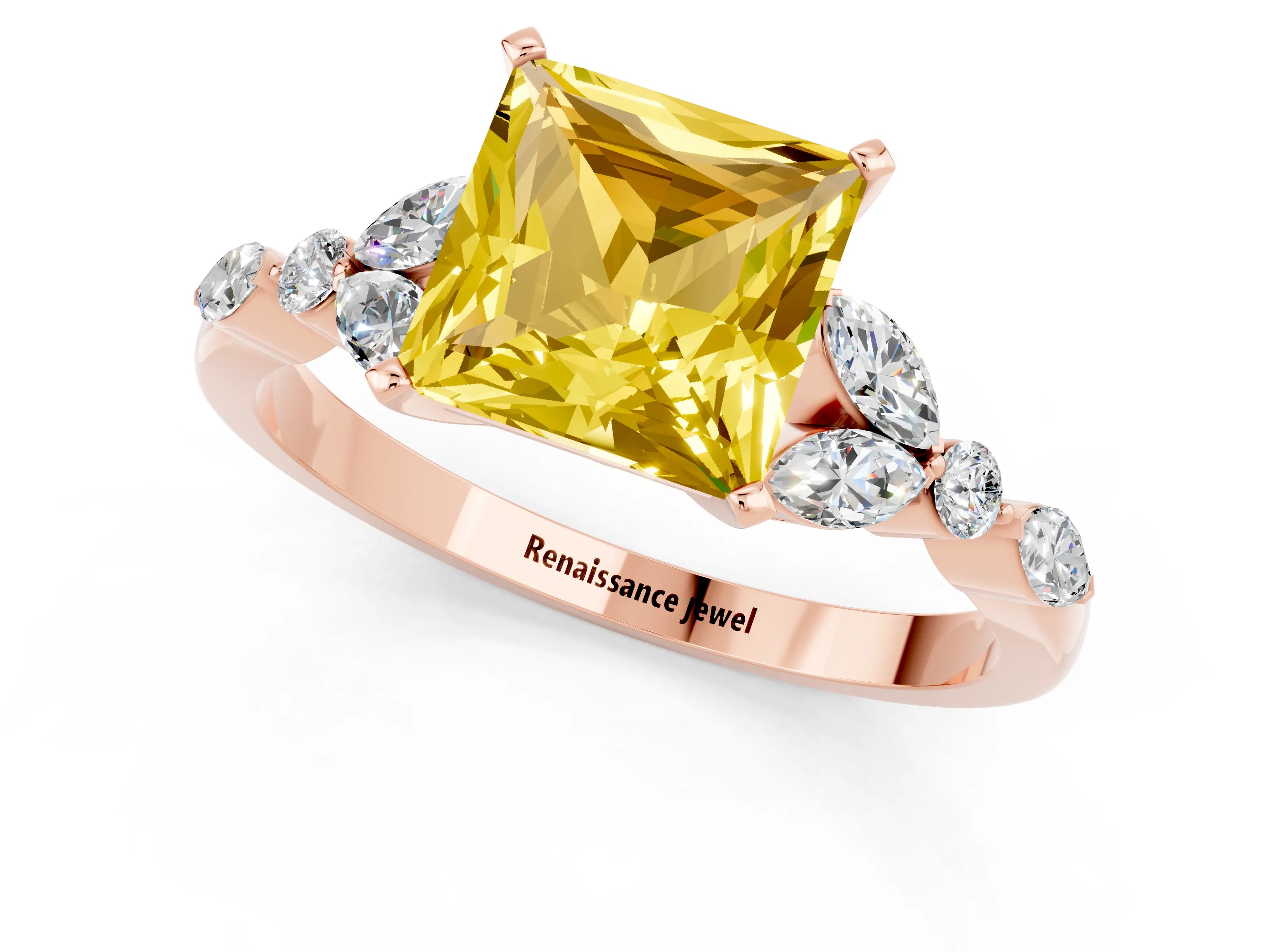 Rose gold Princess Cut Yellow Sapphire Solitaire Ring with Side Stones and Four-Prong Setting_13