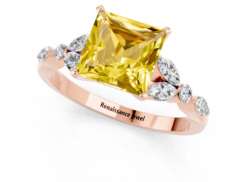Rose gold Princess Cut Yellow Sapphire Solitaire Ring with Side Stones and Four-Prong Setting_13