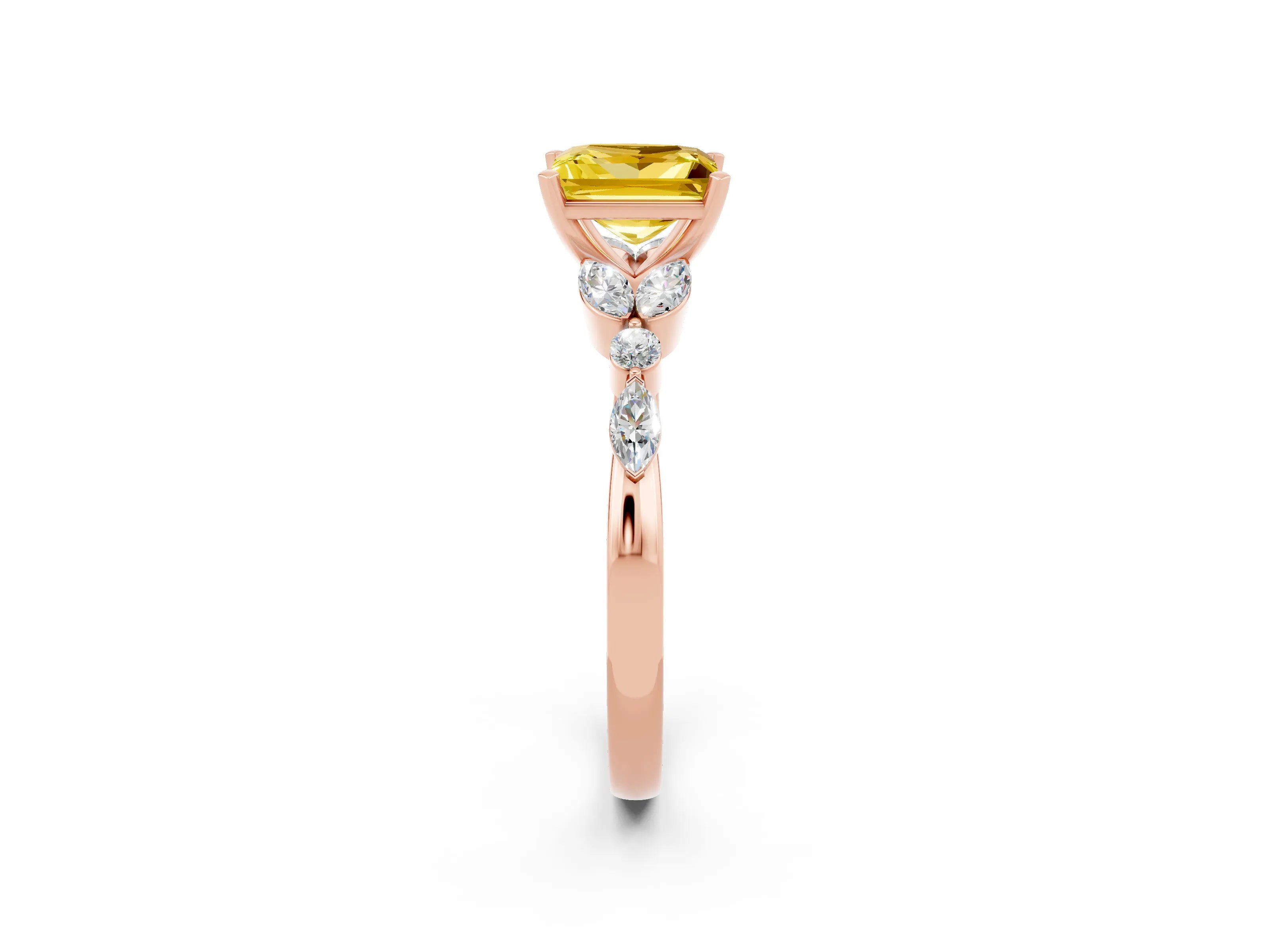 Rose gold Princess Cut Yellow Sapphire Solitaire Ring with Side Stones and Four-Prong Setting_14