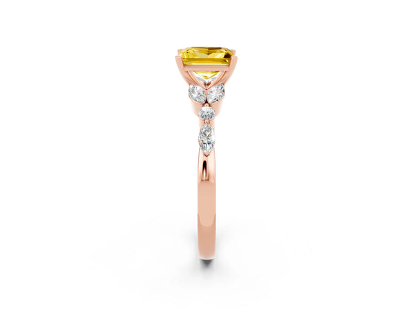 Rose gold Princess Cut Yellow Sapphire Solitaire Ring with Side Stones and Four-Prong Setting
