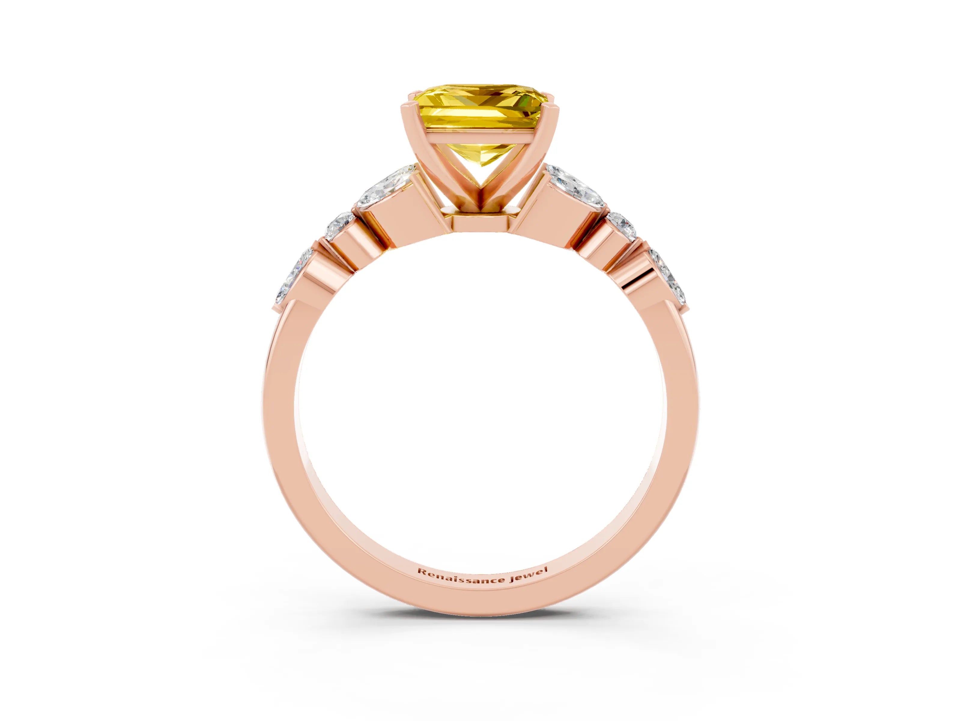 Rose gold Princess Cut Yellow Sapphire Solitaire Ring with Side Stones and Four-Prong Setting_15