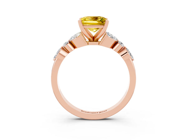Rose gold Princess Cut Yellow Sapphire Solitaire Ring with Side Stones and Four-Prong Setting
