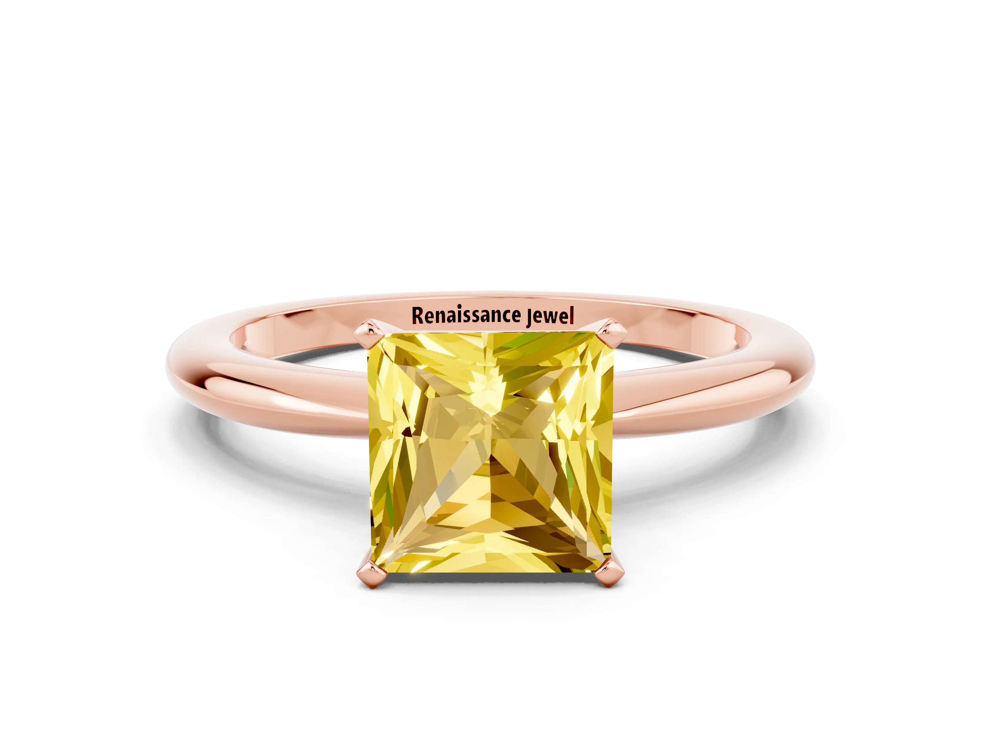 Rose gold Princess Cut Yellow Sapphire Solitaire Ring with Six-Prong Setting and Classic Band