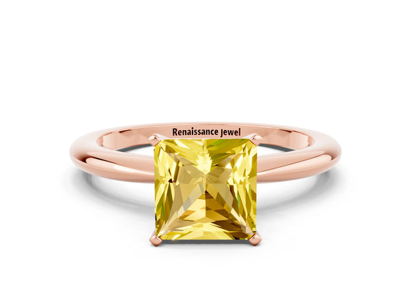 Rose gold Princess Cut Yellow Sapphire Solitaire Ring with Six-Prong Setting and Classic Band