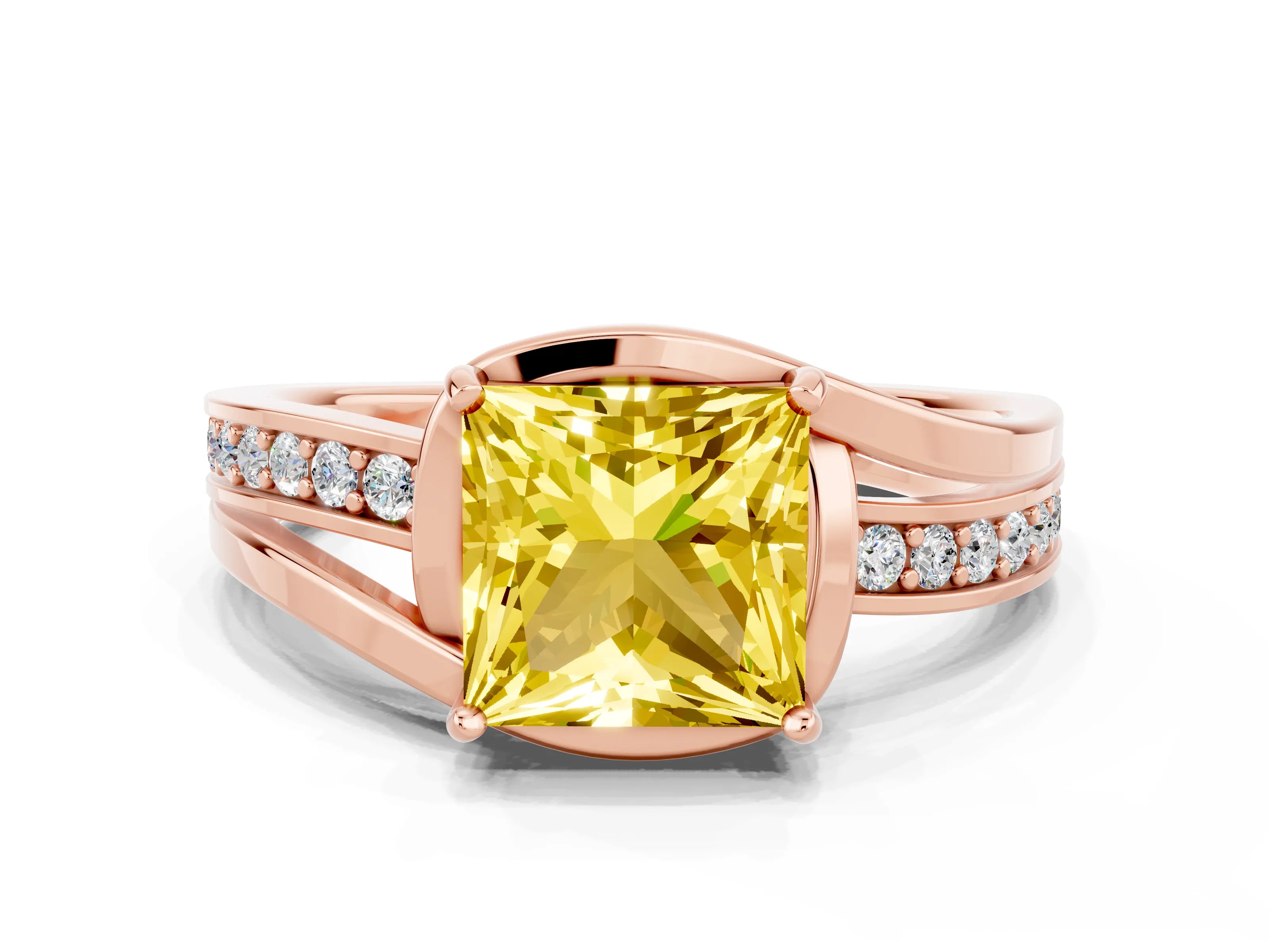 Rose gold Princess Cut Yellow Sapphire Solitaire Ring with Split Shank and Prong Setting