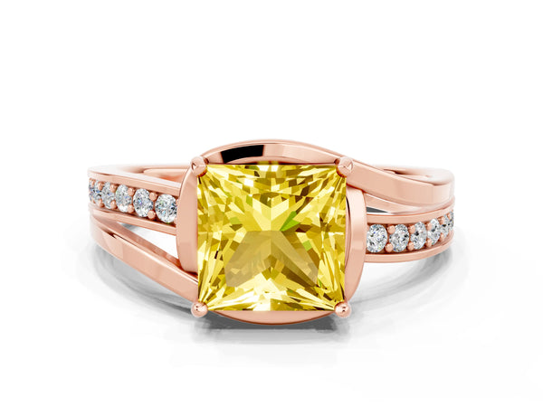 Rose gold Princess Cut Yellow Sapphire Solitaire Ring with Split Shank and Prong Setting