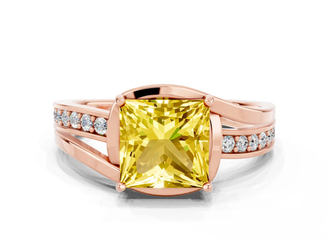 Rose gold Princess Cut Yellow Sapphire Solitaire Ring with Split Shank and Prong Setting