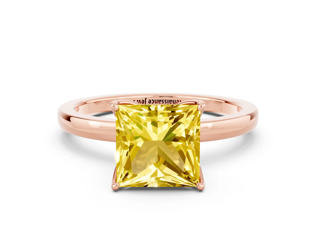 Rose gold Princess Cut Yellow Sapphire Solitaire Ring with Thin Band and Prong Setting_12