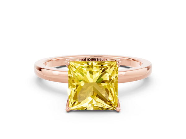 Rose gold Princess Cut Yellow Sapphire Solitaire Ring with Thin Band and Prong Setting
