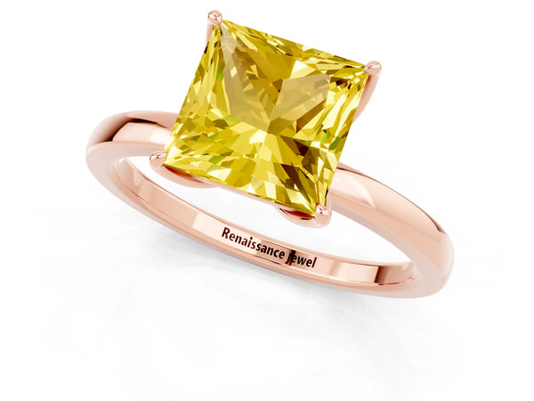Rose gold Princess Cut Yellow Sapphire Solitaire Ring with Thin Band and Prong Setting