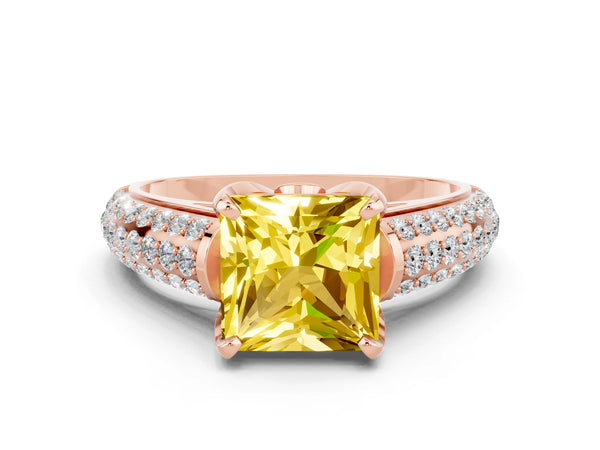 Rose gold Princess Cut Yellow Sapphire Solitaire Ring with Three-Row Pavé Band and Four-Prong Setting