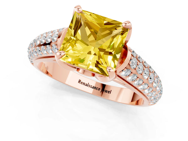 Rose gold Princess Cut Yellow Sapphire Solitaire Ring with Three-Row Pavé Band and Four-Prong Setting