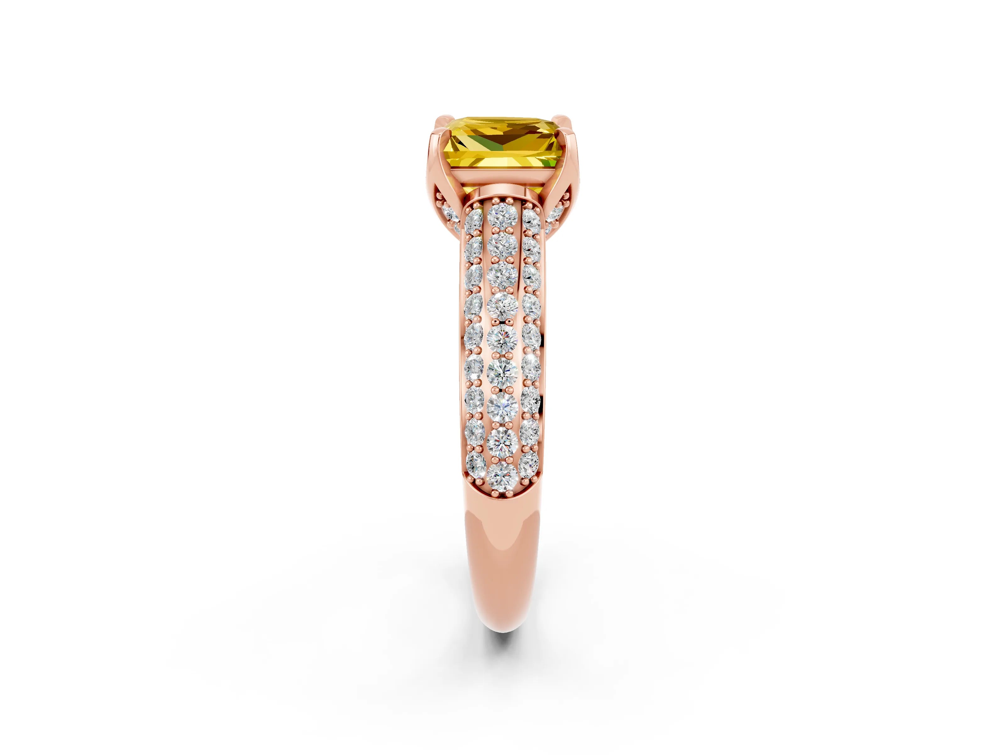 Rose gold Princess Cut Yellow Sapphire Solitaire Ring with Three-Row Pavé Band and Four-Prong Setting_14