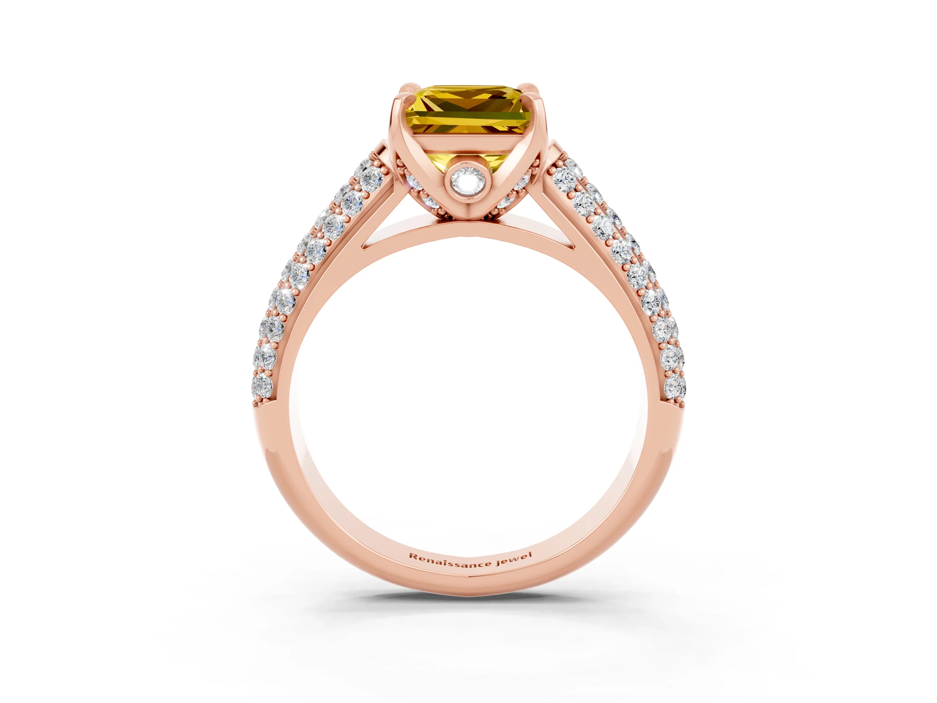 Rose gold Princess Cut Yellow Sapphire Solitaire Ring with Three-Row Pavé Band and Four-Prong Setting_15