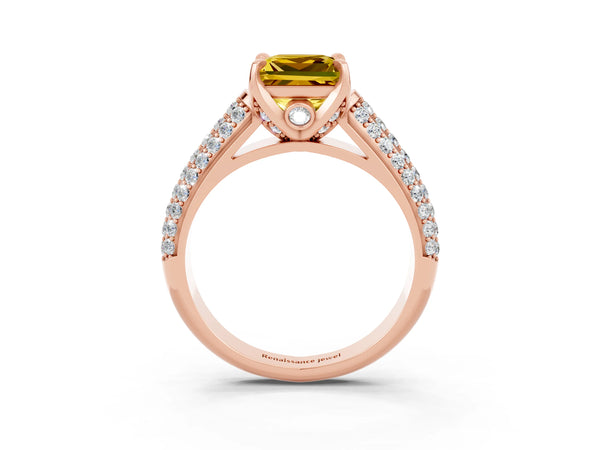 Rose gold Princess Cut Yellow Sapphire Solitaire Ring with Three-Row Pavé Band and Four-Prong Setting