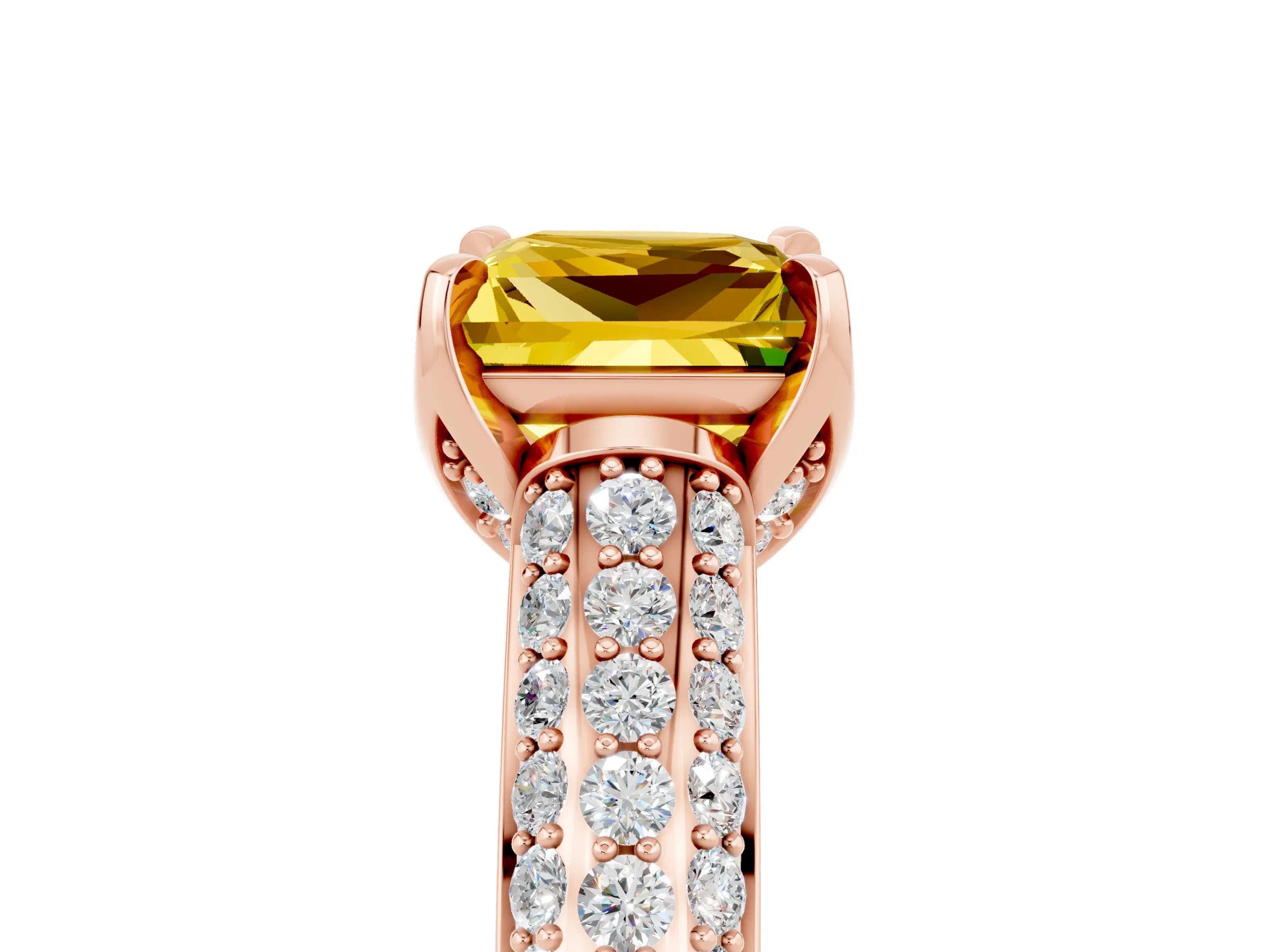 Rose gold Princess Cut Yellow Sapphire Solitaire Ring with Three-Row Pavé Band and Four-Prong Setting_17