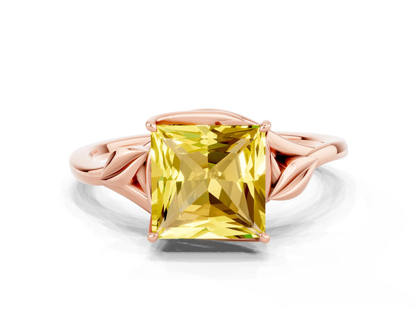 Rose gold Princess Cut Yellow Sapphire Solitaire Ring with Twist Band and Four-Prong Setting