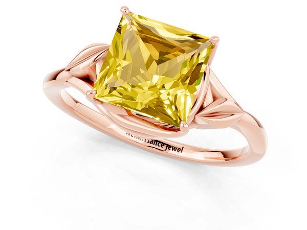 Rose gold Princess Cut Yellow Sapphire Solitaire Ring with Twist Band and Four-Prong Setting