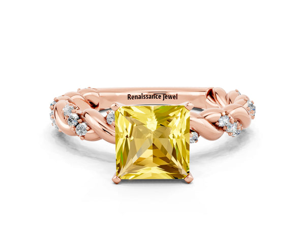 Rose gold Princess Cut Yellow Sapphire Solitaire Ring with Twisted Band and Pavé Accents
