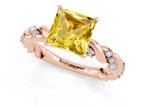 Rose gold Princess Cut Yellow Sapphire Solitaire Ring with Twisted Band and Pavé Accents_1