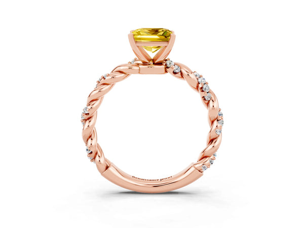 Rose gold Princess Cut Yellow Sapphire Solitaire Ring with Twisted Band and Pavé Accents