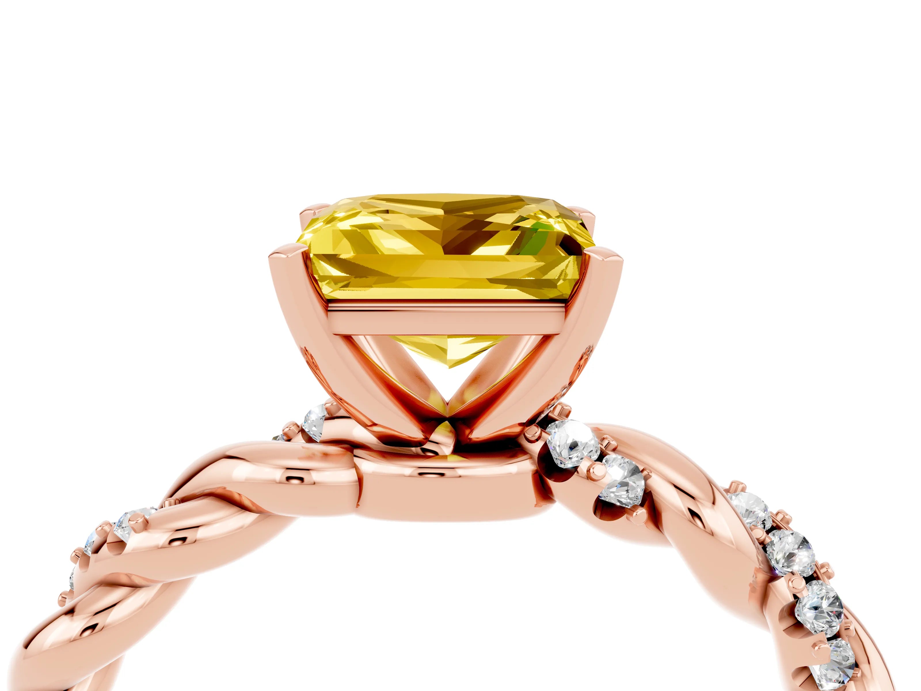Rose gold Princess Cut Yellow Sapphire Solitaire Ring with Twisted Band and Pavé Accents_4