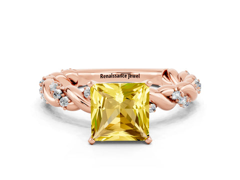 Rose gold Princess Cut Yellow Sapphire Solitaire Ring with Twisted Band and Pavé Accents