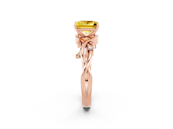 Rose gold Princess Cut Yellow Sapphire Solitaire Ring with Twisted Band and Prong Setting