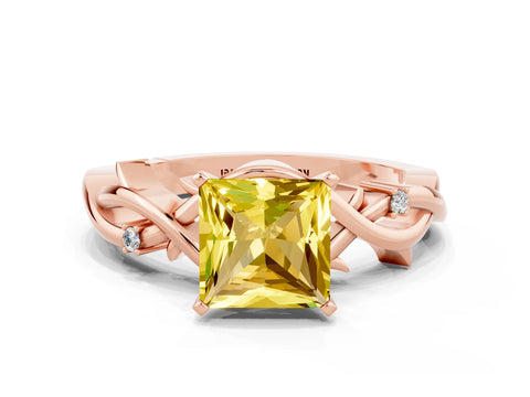 Rose gold Princess Cut Yellow Sapphire Solitaire Ring with Twisted Band and Prong Setting