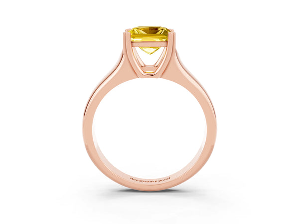 Rose gold Princess Cut Yellow Sapphire Solitaire Ring with Wide Band and Prong Setting