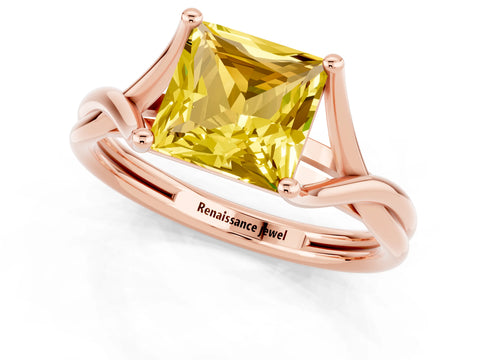 Rose gold Princess Cut Yellow Sapphire Solitaire Twist Band Prong Setting Ring_85
