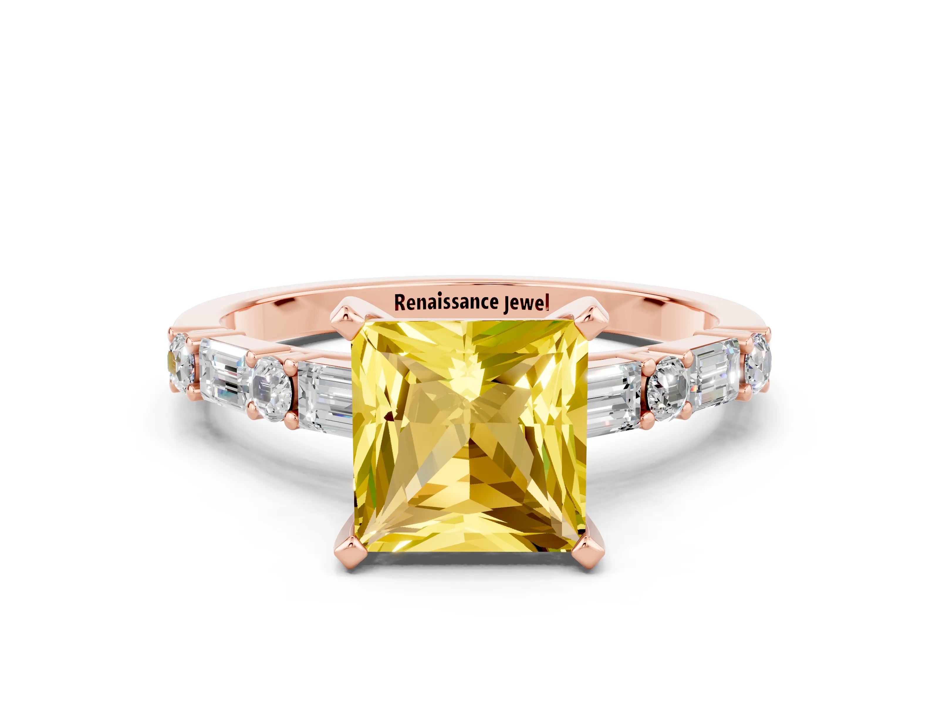 Rose gold Princess Cut Yellow Sapphire Solitaire with Side Baguettes and Channel Set Band_24