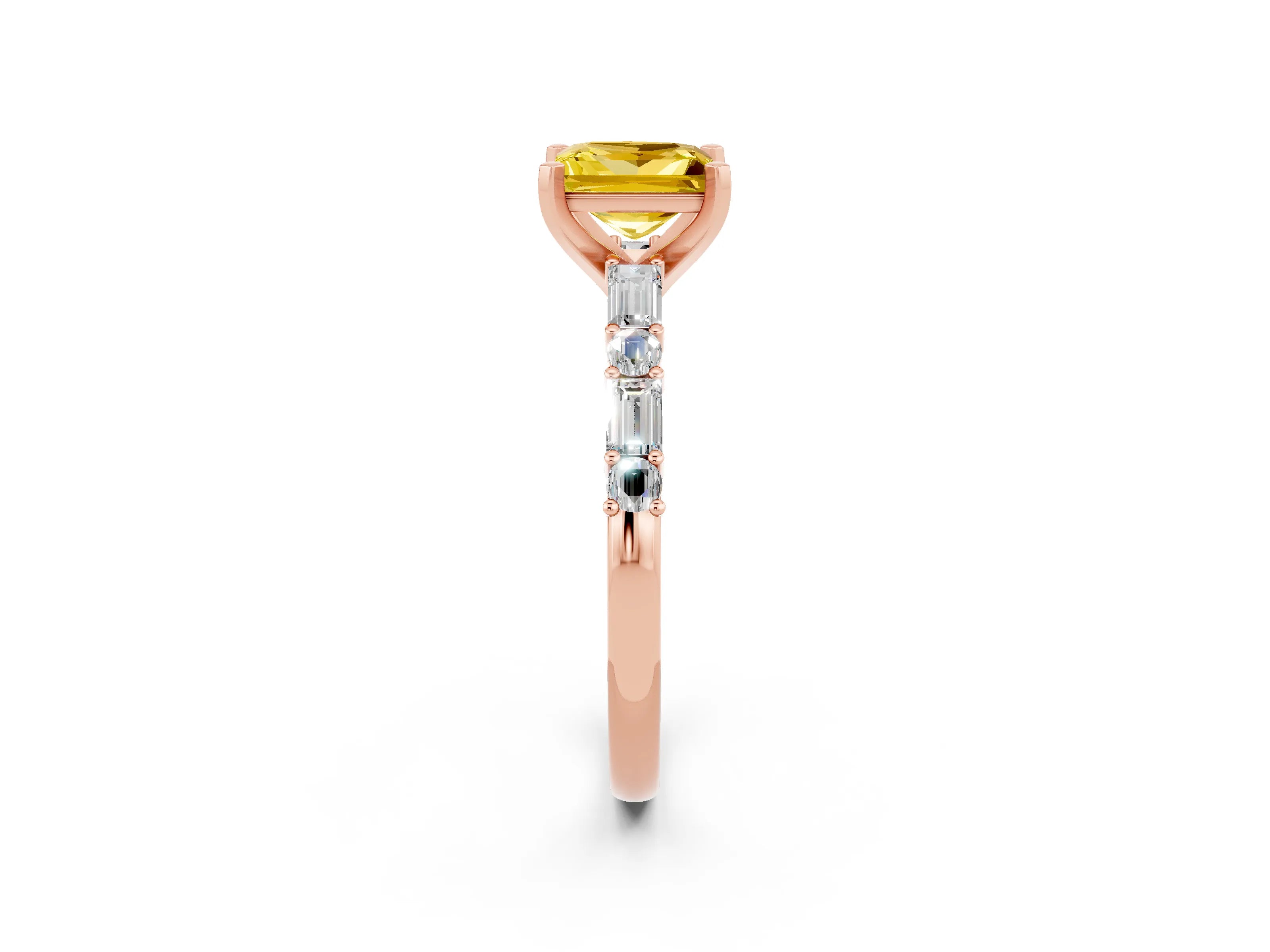 Rose gold Princess Cut Yellow Sapphire Solitaire with Side Baguettes and Channel Set Band_26
