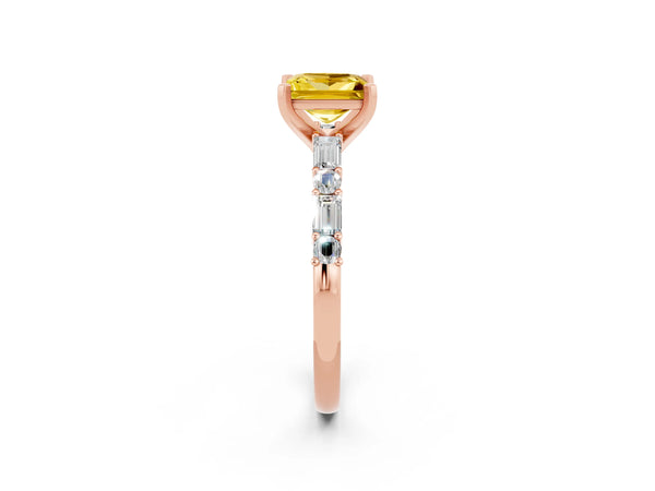 Rose gold Princess Cut Yellow Sapphire Solitaire with Side Baguettes and Channel Set Band
