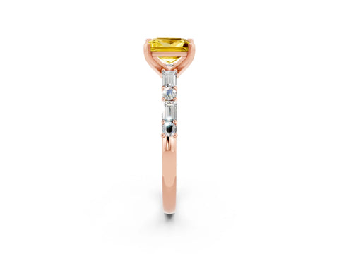 Rose gold Princess Cut Yellow Sapphire Solitaire with Side Baguettes and Channel Set Band_26