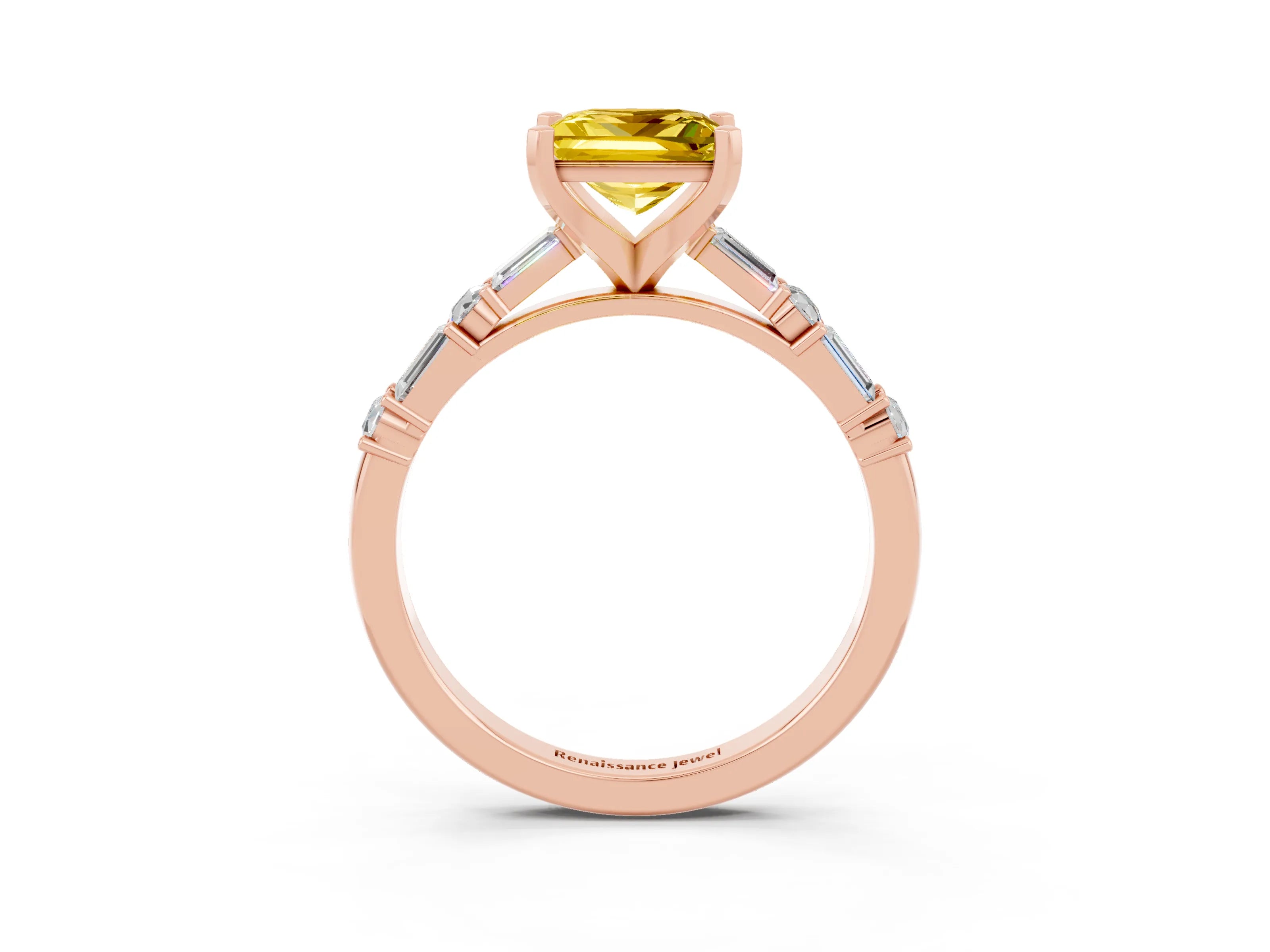 Rose gold Princess Cut Yellow Sapphire Solitaire with Side Baguettes and Channel Set Band_27