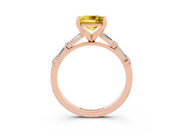 Rose gold Princess Cut Yellow Sapphire Solitaire with Side Baguettes and Channel Set Band