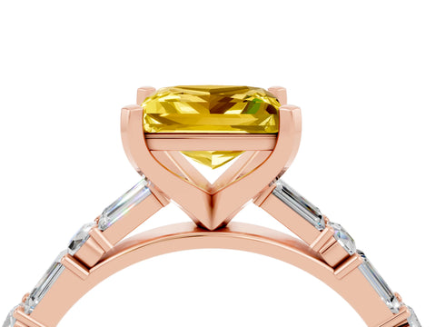 Rose gold Princess Cut Yellow Sapphire Solitaire with Side Baguettes and Channel Set Band_28