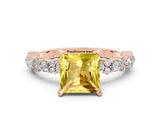 Rose gold Princess Cut Yellow Sapphire Solitaire with Side Stones, Pave Band, Four-Prong Setting_72