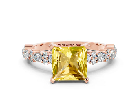 Rose gold Princess Cut Yellow Sapphire Solitaire with Side Stones, Pave Band, Four-Prong Setting_72