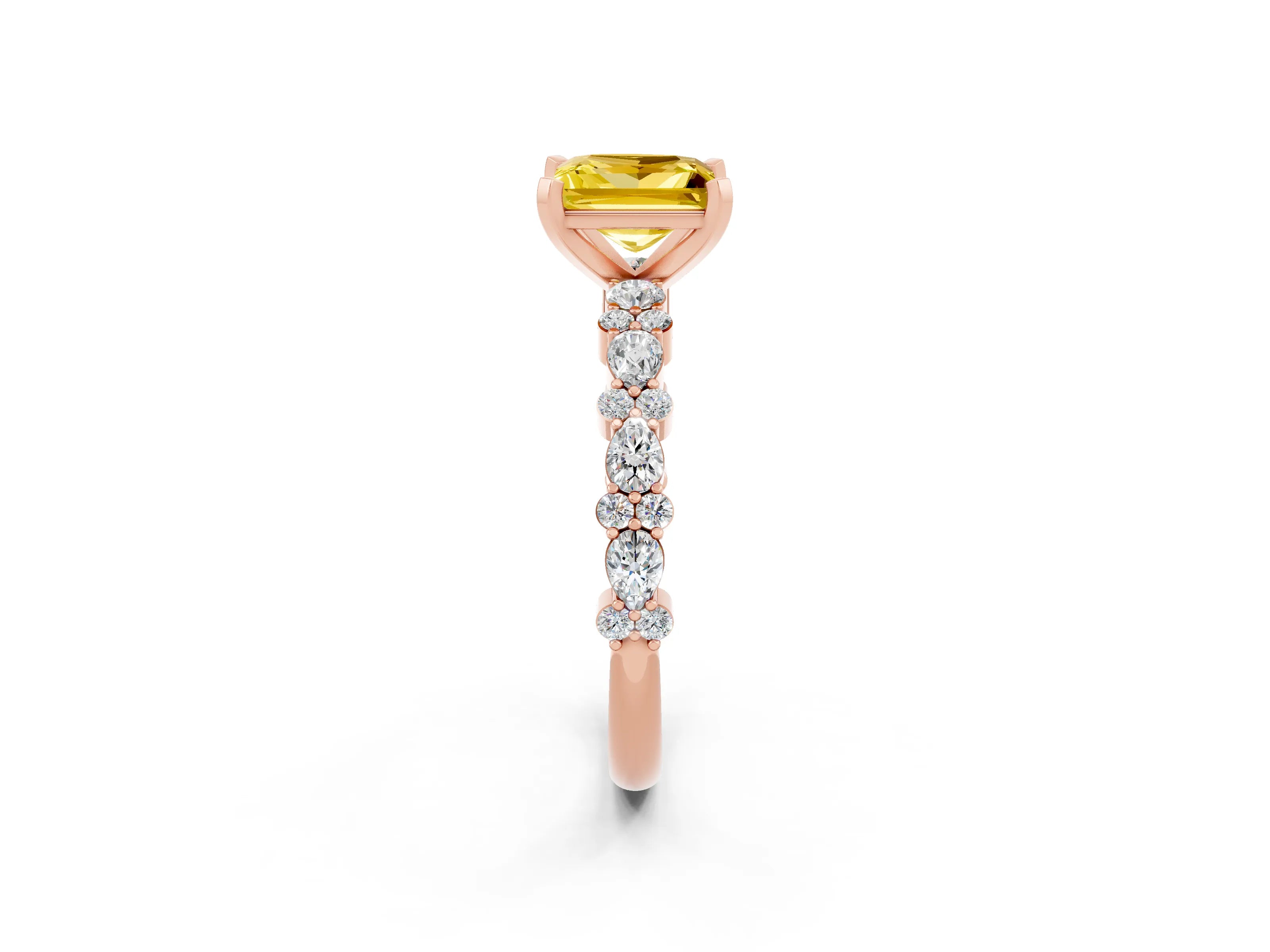 Rose gold Princess Cut Yellow Sapphire Solitaire with Side Stones, Pave Band, Four-Prong Setting_74