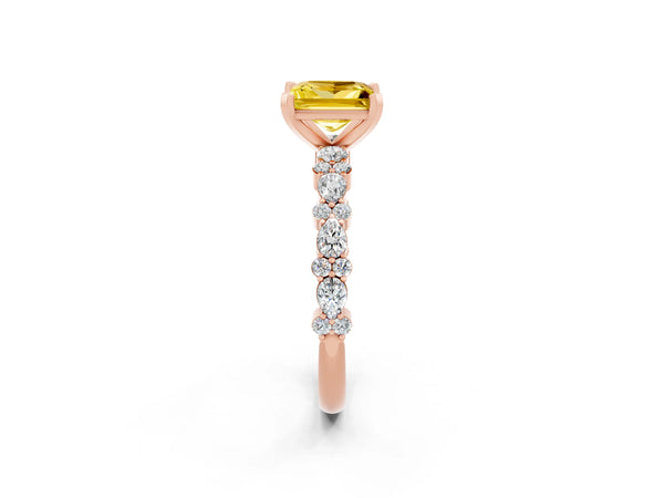 Rose gold Princess Cut Yellow Sapphire Side Stone Solitaire Ring with Round  and Four-Prong Setting