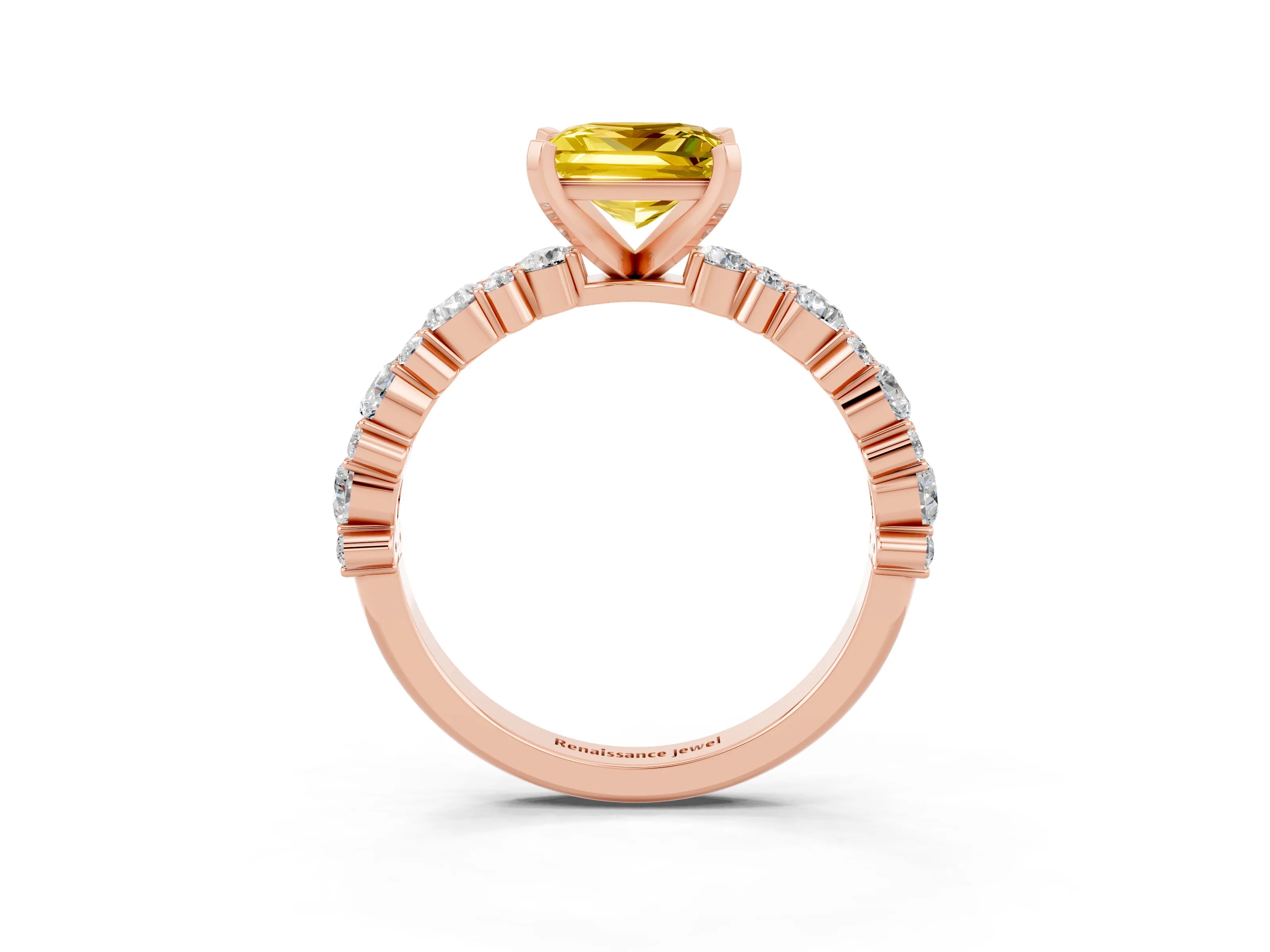 Rose gold Princess Cut Yellow Sapphire Solitaire with Side Stones, Pave Band, Four-Prong Setting_75
