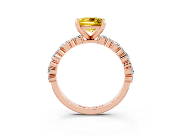 Rose gold Princess Cut Yellow Sapphire Side Stone Solitaire Ring with Round  and Four-Prong Setting