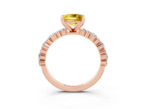Rose gold Princess Cut Yellow Sapphire Solitaire with Side Stones, Pave Band, Four-Prong Setting_75