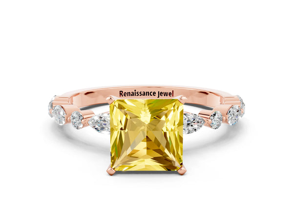 Rose gold Princess Cut Yellow Sapphire Ring with Marquise and Round  Side Stones and Four-Prong Setting