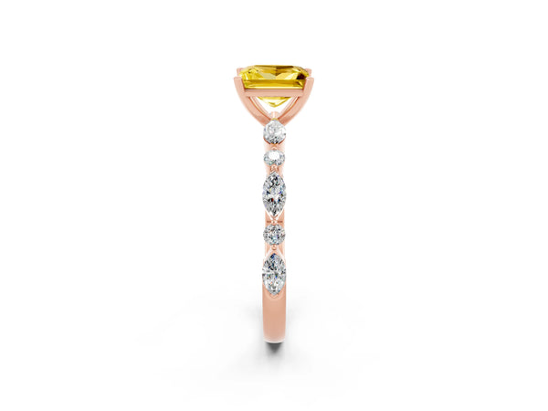 Rose gold Princess Cut Yellow Sapphire Ring with Marquise and Round  Side Stones and Four-Prong Setting